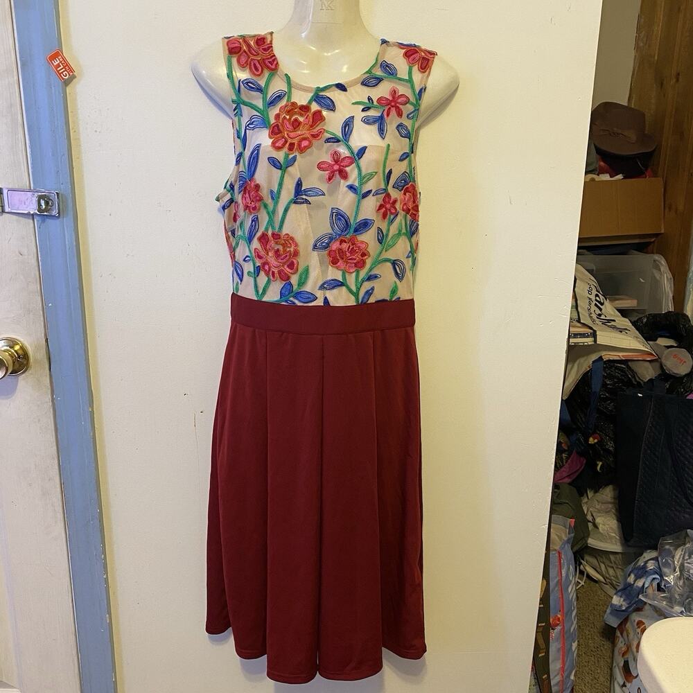 VTG 90s Acevog Formal Party Dress S Lace Red Floral Pleated Sleeveless Preppy - Picture 7 of 10